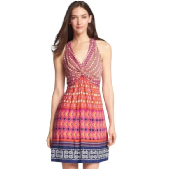 Laundry By Shelli Segal Women 8 Halter Midi Dress Lined Geometric Orange - Picture 1 of 12